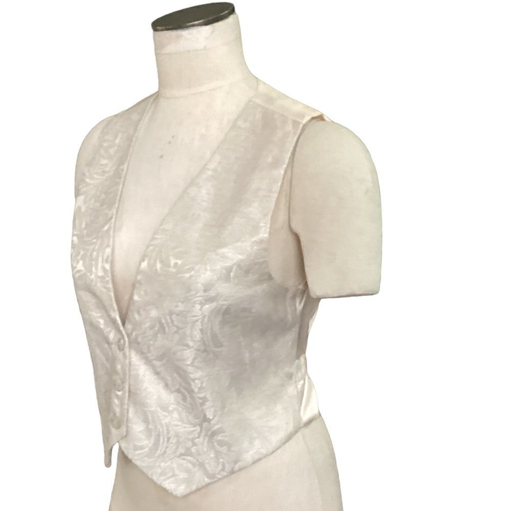VTG (ILGWU) Liz Claiborne Sz P/Petite Brocade Waistcoat Vest Beige Linen Bl 106J - Picture 3 of 9